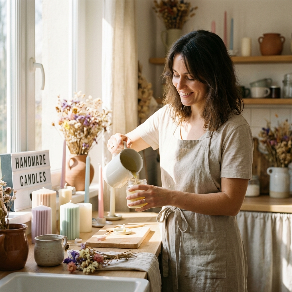 Happy woman crafting candles